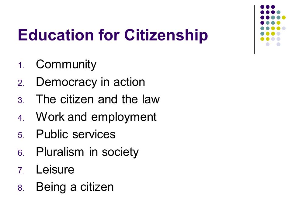Education for Citizenship 1. Community 2. Democracy in action 3.