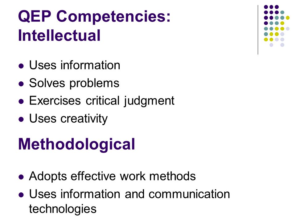 QEP Competencies: Intellectual Uses information Solves problems Exercises critical judgment Uses creativity Methodological Adopts effective work methods Uses information and communication technologies