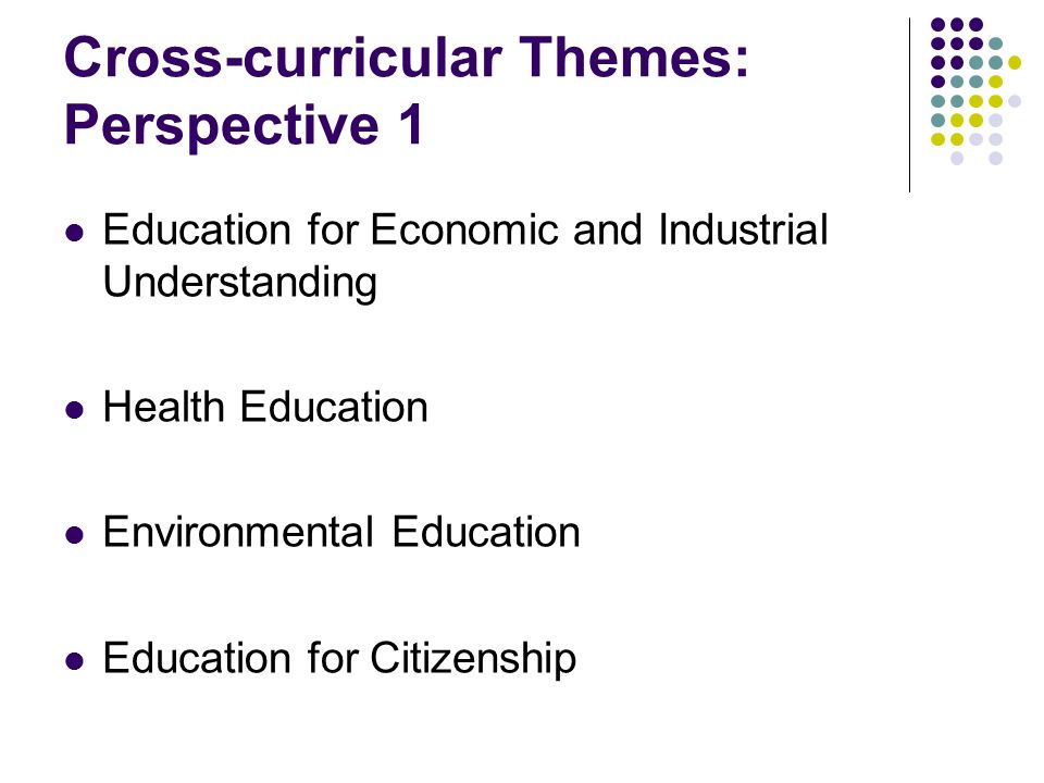 Cross-curricular Themes: Perspective 1 Education for Economic and Industrial Understanding Health Education Environmental Education Education for Citizenship