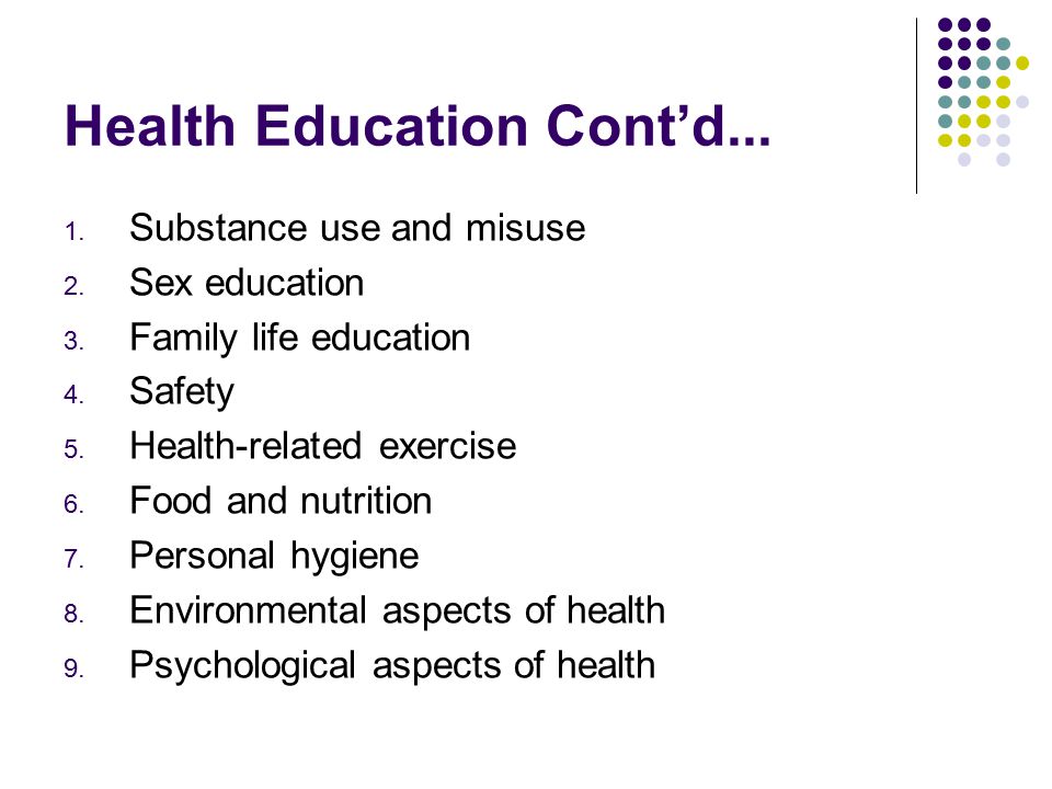 Health Education Cont’d Substance use and misuse 2.