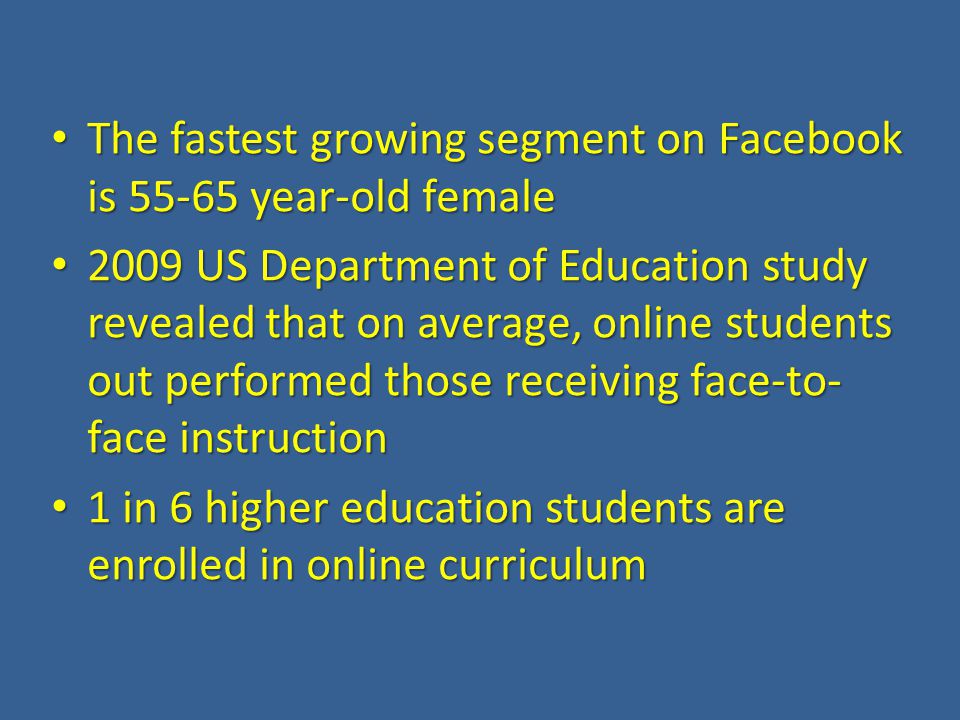 The fastest growing segment on Facebook is year-old female The fastest growing segment on Facebook is year-old female 2009 US Department of Education study revealed that on average, online students out performed those receiving face-to- face instruction 2009 US Department of Education study revealed that on average, online students out performed those receiving face-to- face instruction 1 in 6 higher education students are enrolled in online curriculum 1 in 6 higher education students are enrolled in online curriculum