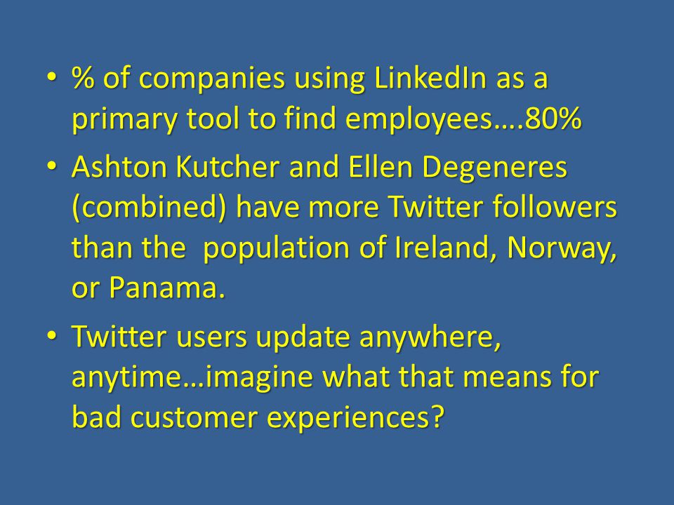 % of companies using LinkedIn as a primary tool to find employees….80% % of companies using LinkedIn as a primary tool to find employees….80% Ashton Kutcher and Ellen Degeneres (combined) have more Twitter followers than the population of Ireland, Norway, or Panama.