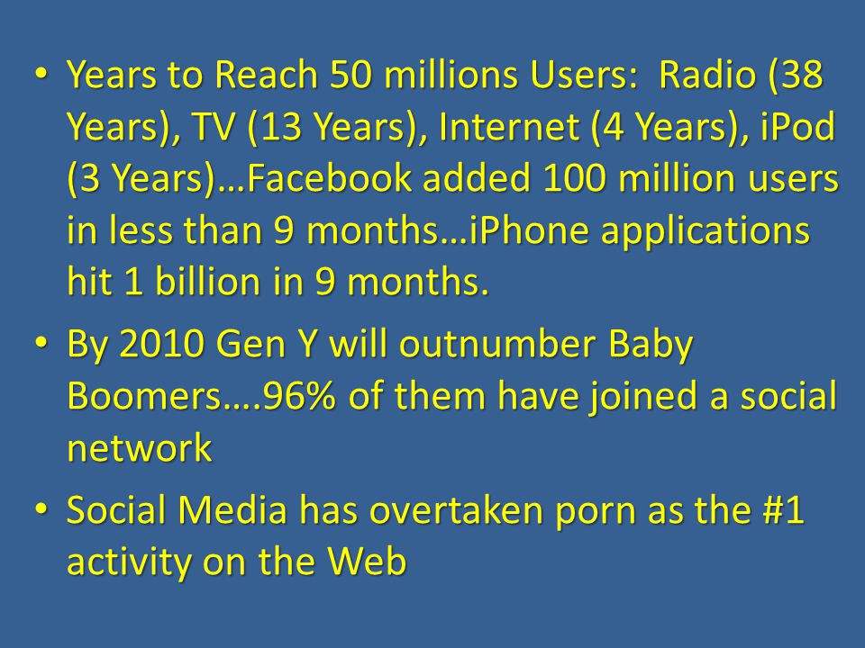 Years to Reach 50 millions Users: Radio (38 Years), TV (13 Years), Internet (4 Years), iPod (3 Years)…Facebook added 100 million users in less than 9 months…iPhone applications hit 1 billion in 9 months.