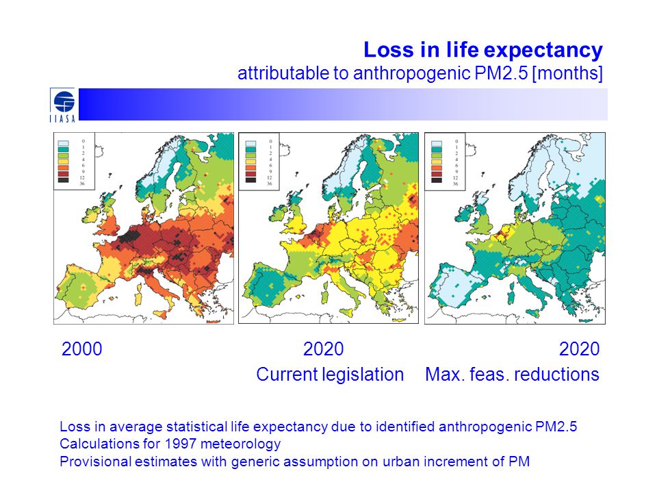 Loss in life expectancy attributable to anthropogenic PM2.5 [months] Current legislation Max.