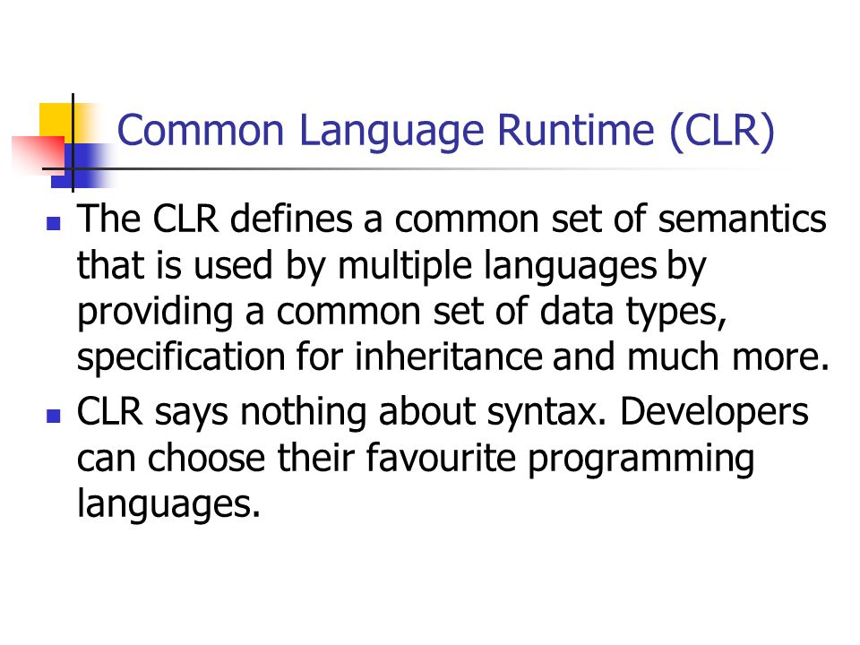 Common Language Runtime (CLR) The CLR defines a common set of semantics that is used by multiple languages by providing a common set of data types, specification for inheritance and much more.
