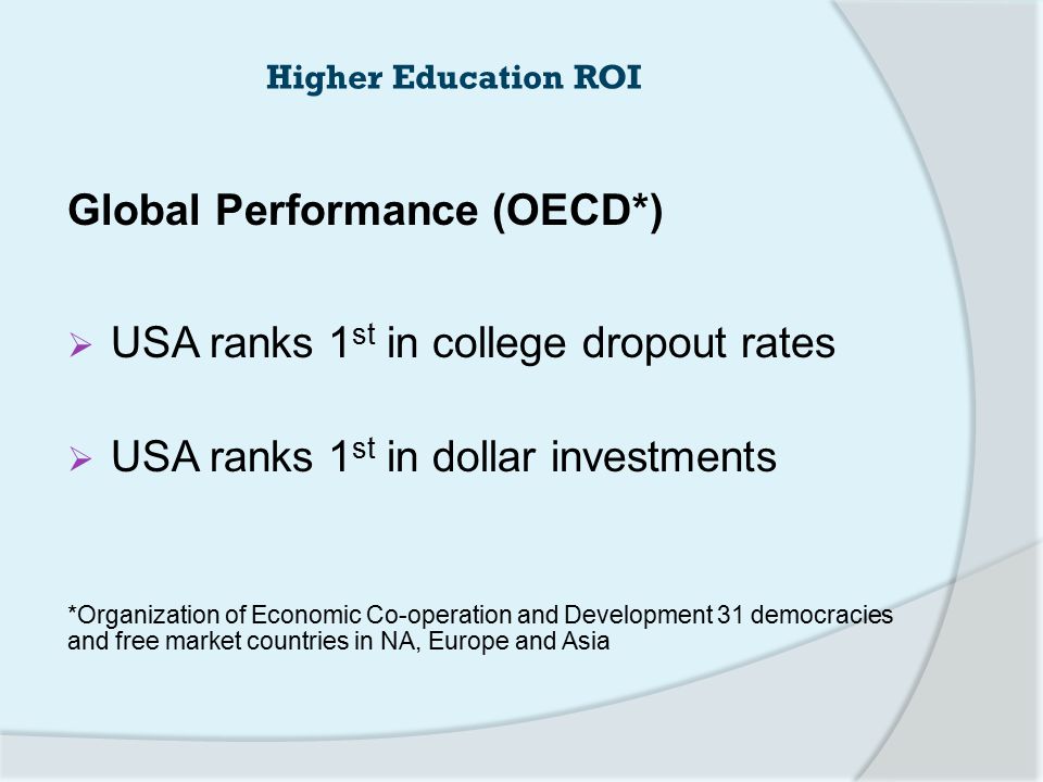 Higher Education ROI Global Performance (OECD*)  USA ranks 1 st in college dropout rates  USA ranks 1 st in dollar investments *Organization of Economic Co-operation and Development 31 democracies and free market countries in NA, Europe and Asia