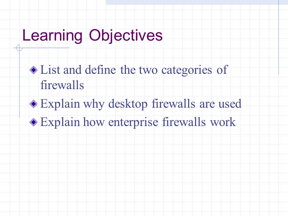 Learning Objectives List and define the two categories of firewalls Explain why desktop firewalls are used Explain how enterprise firewalls work
