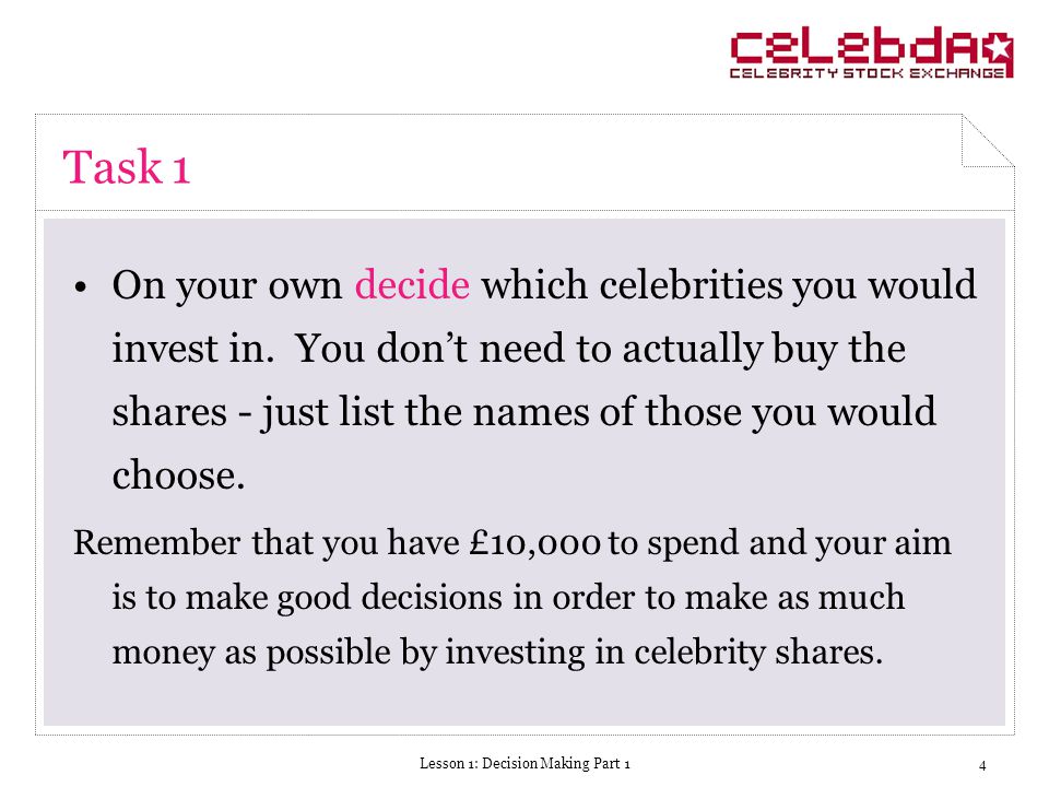 Lesson 1: Decision Making Part 14 Task 1 On your own decide which celebrities you would invest in.