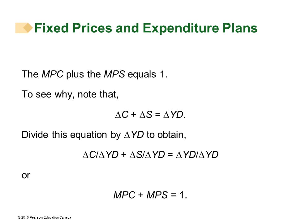 © 2010 Pearson Education Canada The MPC plus the MPS equals 1.