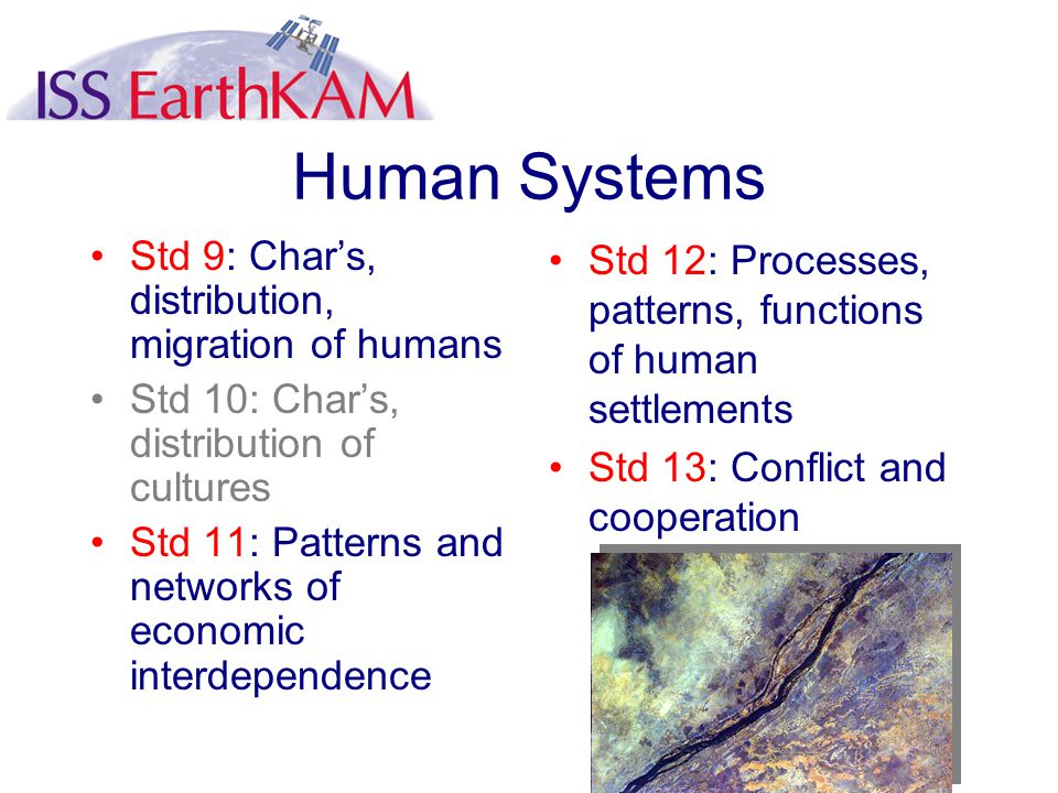 Human Systems Std 9: Char’s, distribution, migration of humans Std 10: Char’s, distribution of cultures Std 11: Patterns and networks of economic interdependence Std 12: Processes, patterns, functions of human settlements Std 13: Conflict and cooperation