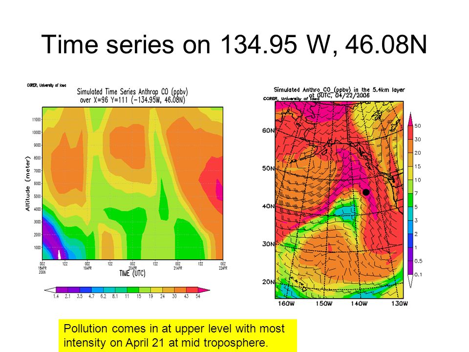 Time series on W, 46.08N Pollution comes in at upper level with most intensity on April 21 at mid troposphere.