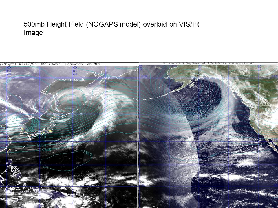 500mb Height Field (NOGAPS model) overlaid on VIS/IR Image