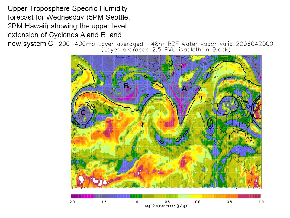 A B C Upper Troposphere Specific Humidity forecast for Wednesday (5PM Seattle, 2PM Hawaii) showing the upper level extension of Cyclones A and B, and new system C