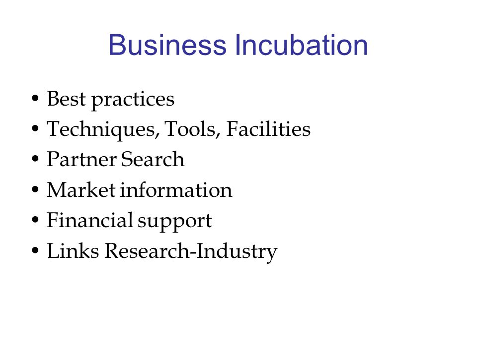 Business Incubation Best practices Techniques, Tools, Facilities Partner Search Market information Financial support Links Research-Industry