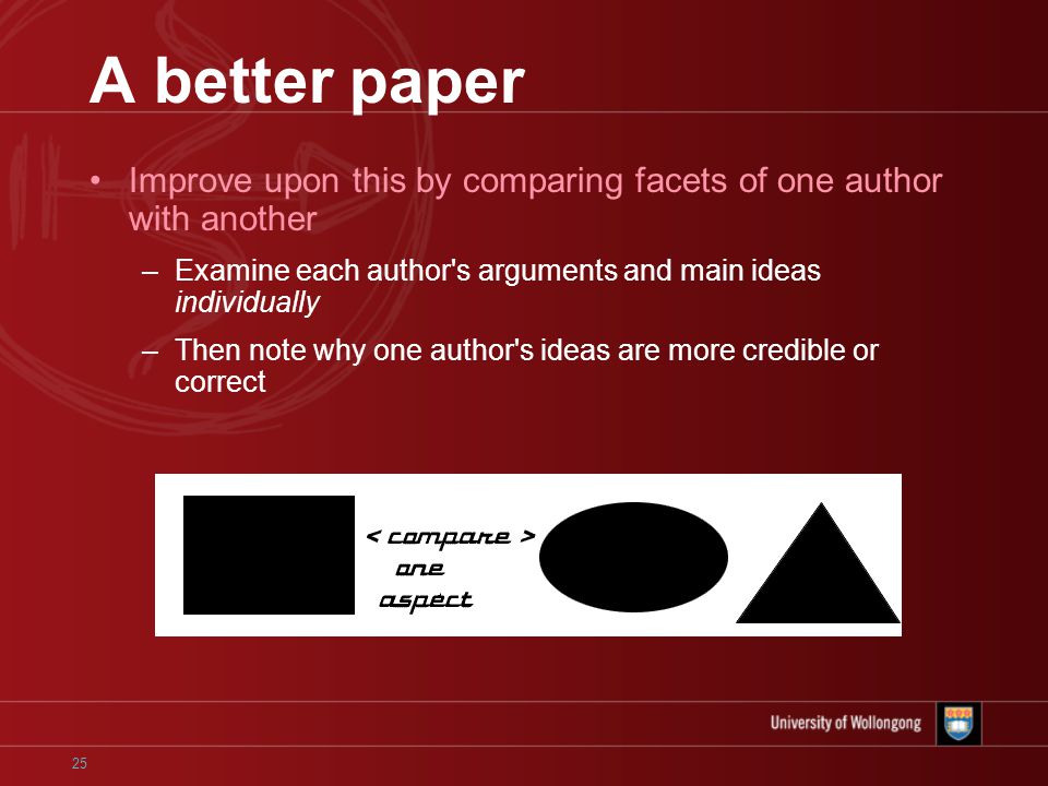 25 A better paper Improve upon this by comparing facets of one author with another –Examine each author s arguments and main ideas individually –Then note why one author s ideas are more credible or correct