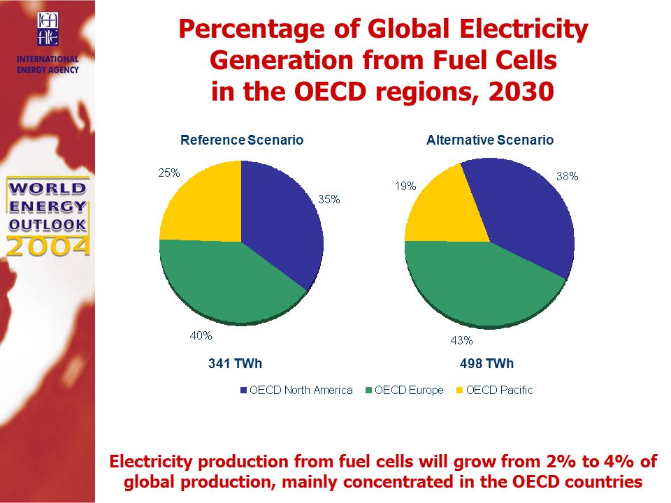 Percentage of Global Electricity Generation from Fuel Cells in the OECD regions, 2030 Electricity production from fuel cells will grow from 2% to 4% of global production, mainly concentrated in the OECD countries Reference ScenarioAlternative Scenario 341 TWh498 TWh