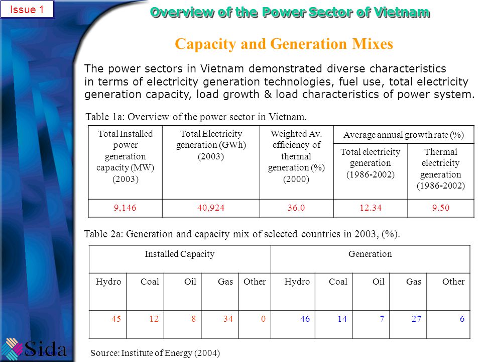 Overview of the Power Sector of Vietnam Capacity and Generation Mixes Total Installed power generation capacity (MW) (2003) Total Electricity generation (GWh) (2003) Weighted Av.