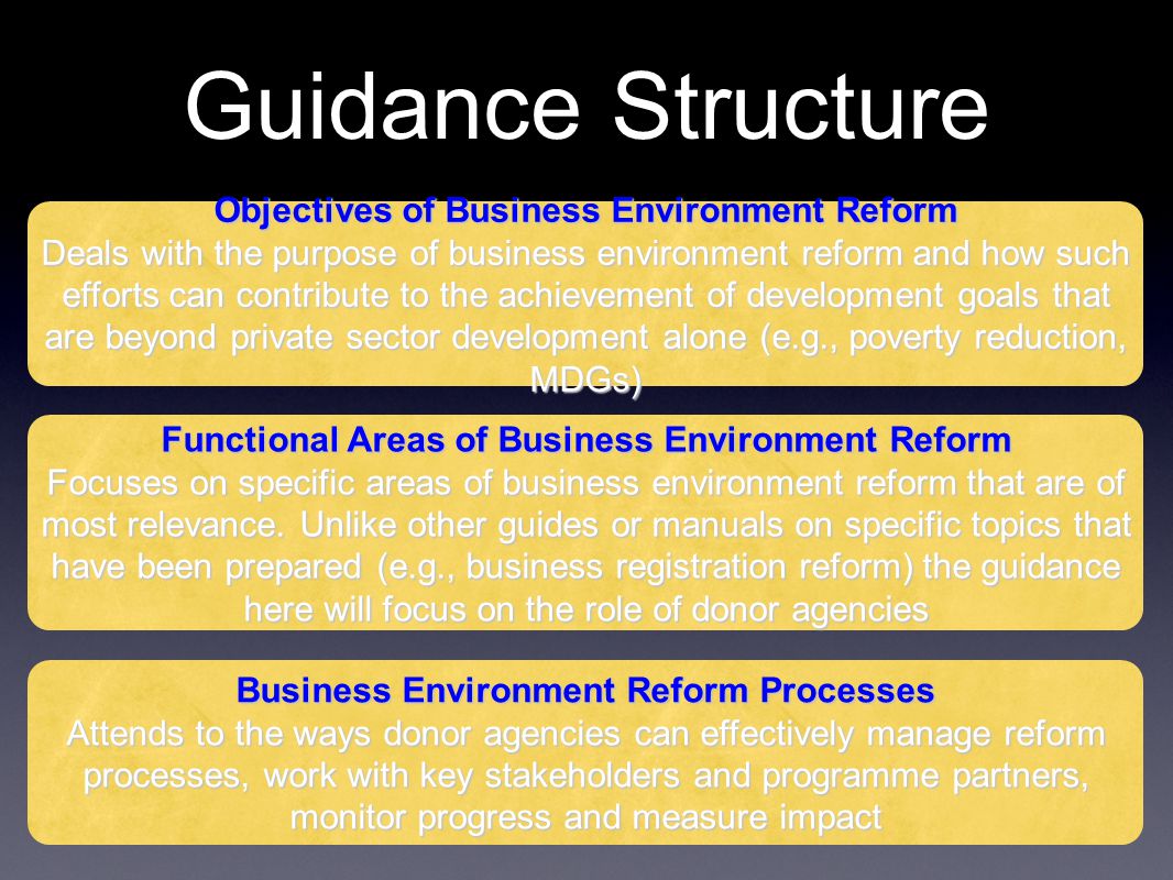 Guidance Structure Objectives of Business Environment Reform Deals with the purpose of business environment reform and how such efforts can contribute to the achievement of development goals that are beyond private sector development alone (e.g., poverty reduction, MDGs) Functional Areas of Business Environment Reform Focuses on specific areas of business environment reform that are of most relevance.