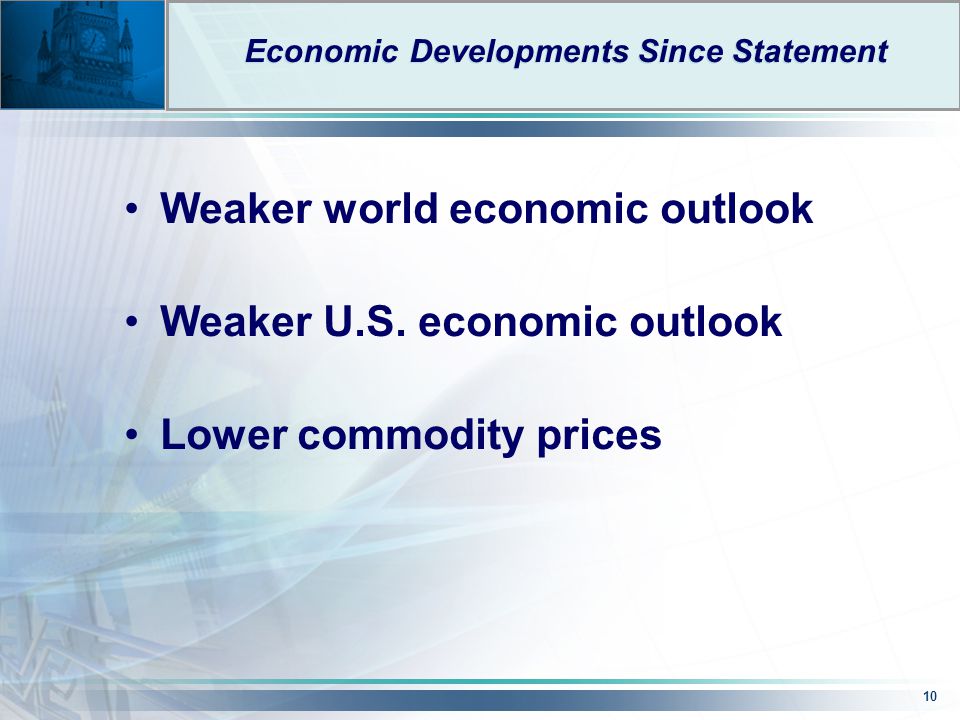 10 Economic Developments Since Statement Weaker world economic outlook Weaker U.S.