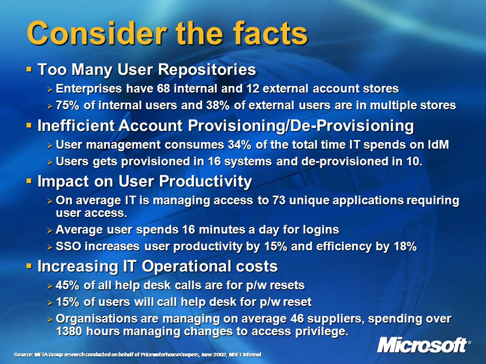 Consider the facts  Too Many User Repositories  Enterprises have 68 internal and 12 external account stores  75% of internal users and 38% of external users are in multiple stores  Inefficient Account Provisioning/De-Provisioning  User management consumes 34% of the total time IT spends on IdM  Users gets provisioned in 16 systems and de-provisioned in 10.