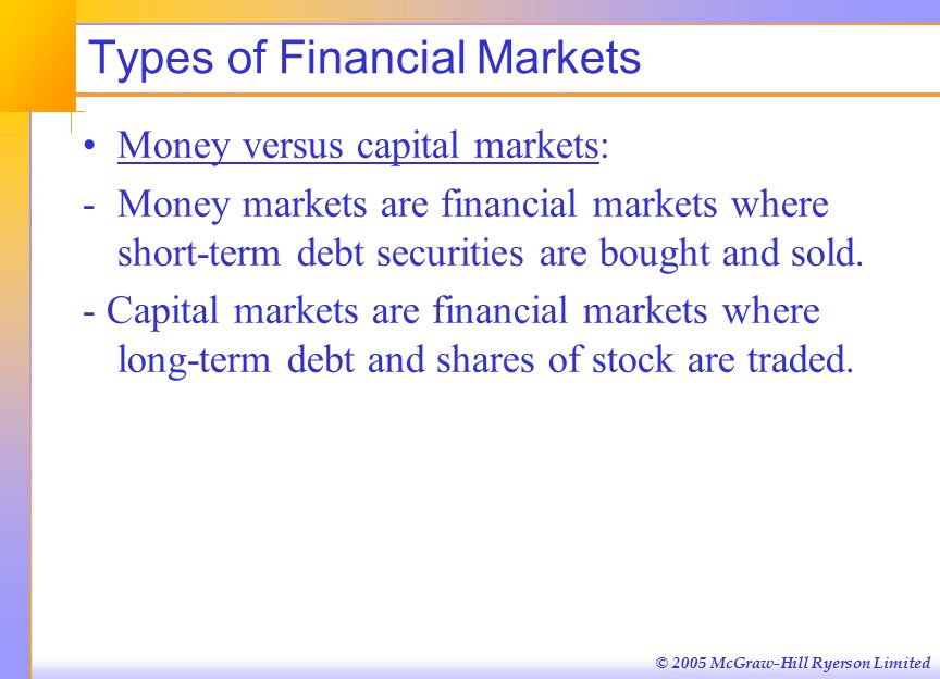 © 2005 McGraw-Hill Ryerson Limited Types of Financial Markets Money versus capital markets: -Money markets are financial markets where short-term debt securities are bought and sold.
