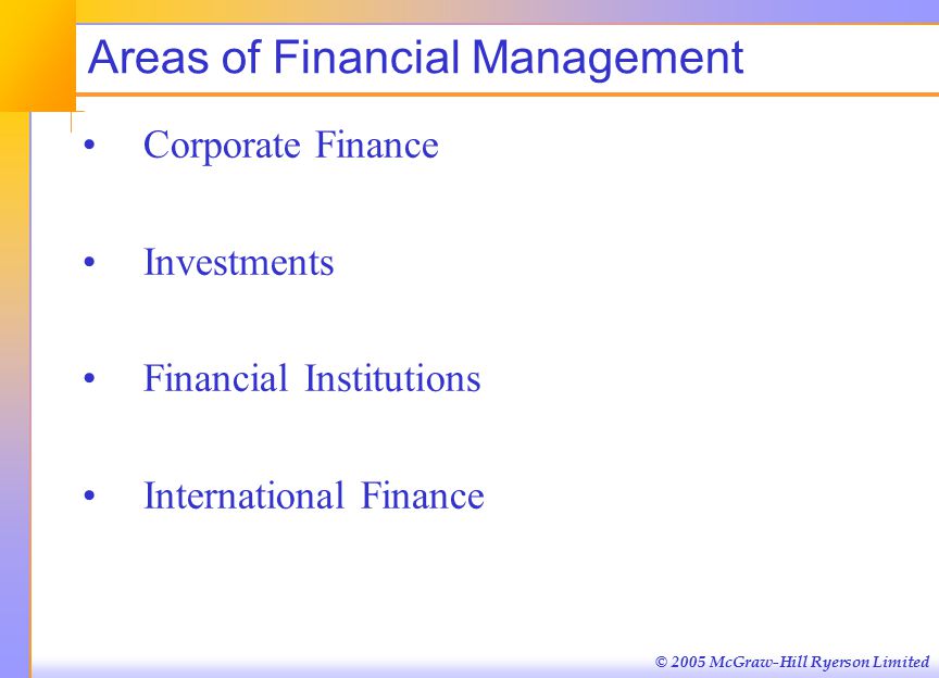 © 2005 McGraw-Hill Ryerson Limited Areas of Financial Management Corporate Finance Investments Financial Institutions International Finance
