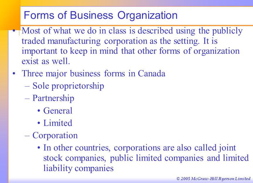 © 2005 McGraw-Hill Ryerson Limited Forms of Business Organization Most of what we do in class is described using the publicly traded manufacturing corporation as the setting.