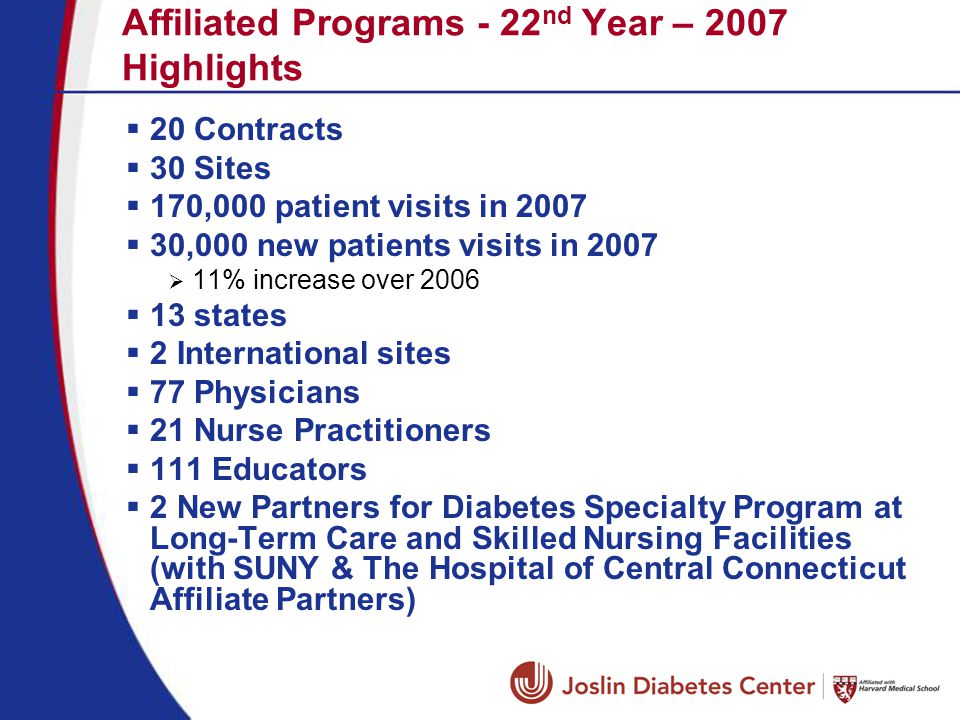Affiliated Programs - 22 nd Year – 2007 Highlights  20 Contracts  30 Sites  170,000 patient visits in 2007  30,000 new patients visits in 2007  11% increase over 2006  13 states  2 International sites  77 Physicians  21 Nurse Practitioners  111 Educators  2 New Partners for Diabetes Specialty Program at Long-Term Care and Skilled Nursing Facilities (with SUNY & The Hospital of Central Connecticut Affiliate Partners)