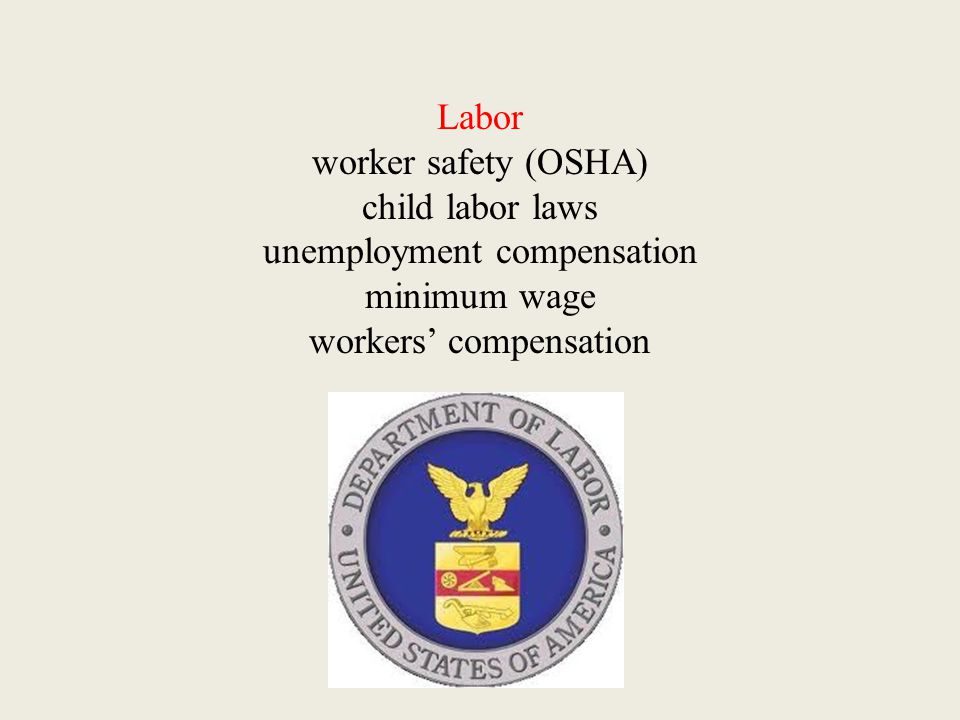 Labor worker safety (OSHA) child labor laws unemployment compensation minimum wage workers’ compensation