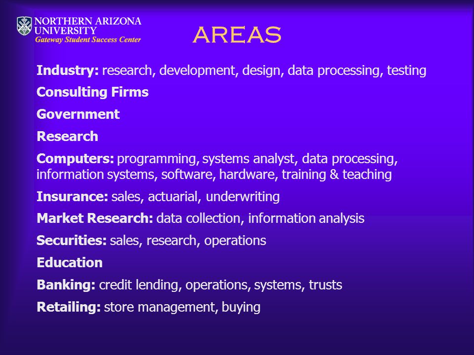 AREAS Industry: research, development, design, data processing, testing Consulting Firms Government Research Computers: programming, systems analyst, data processing, information systems, software, hardware, training & teaching Insurance: sales, actuarial, underwriting Market Research: data collection, information analysis Securities: sales, research, operations Education Banking: credit lending, operations, systems, trusts Retailing: store management, buying