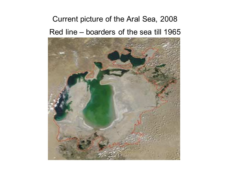 Current picture of the Aral Sea, 2008 Red line – boarders of the sea till 1965