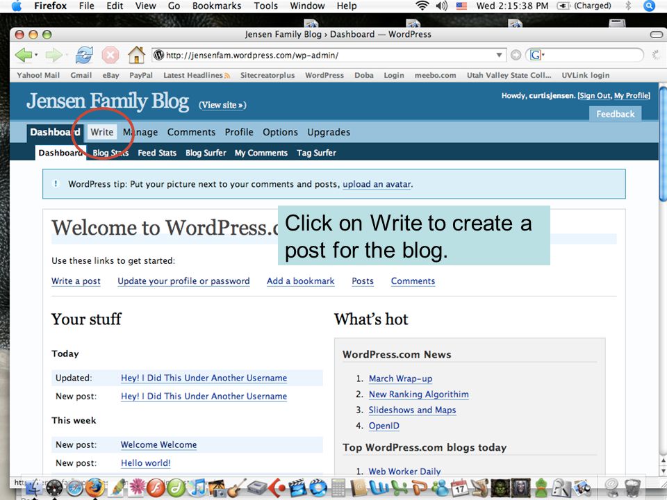 Click on Write to create a post for the blog.