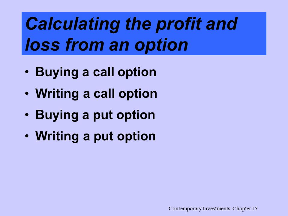 Contemporary Investments: Chapter 15 Calculating the profit and loss from an option Buying a call option Writing a call option Buying a put option Writing a put option
