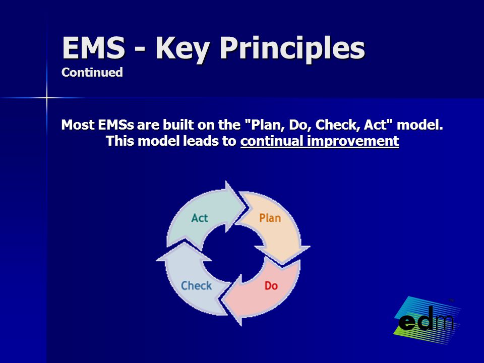 EMS - Key Principles Continued Most EMSs are built on the Plan, Do, Check, Act model.
