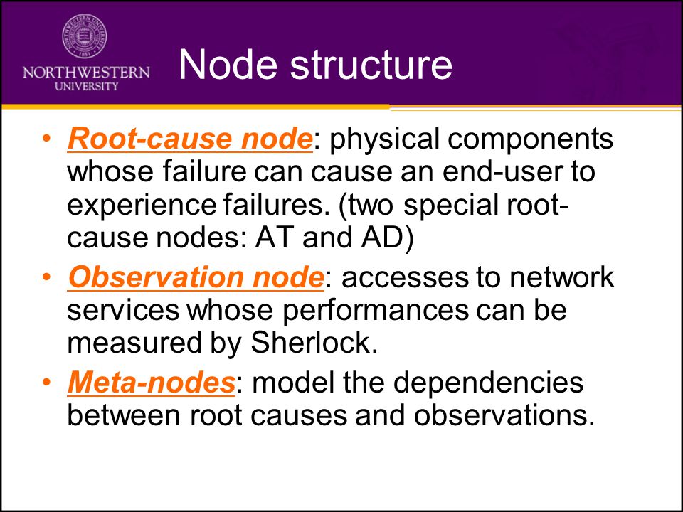 Node structure Root-cause node: physical components whose failure can cause an end-user to experience failures.