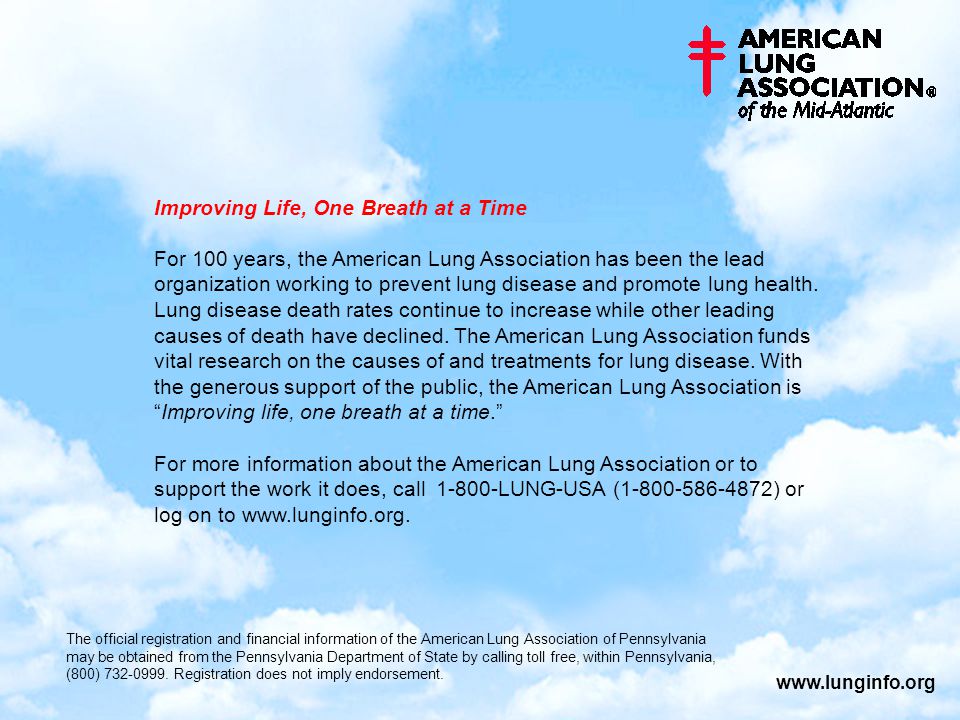 Improving Life, One Breath at a Time   For 100 years, the American Lung Association has been the lead organization working to prevent lung disease and promote lung health.