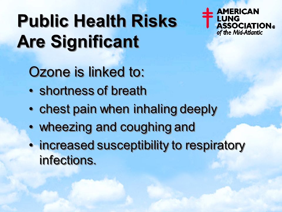 Ozone is linked to: shortness of breath chest pain when inhaling deeply wheezing and coughing and increased susceptibility to respiratory infections.