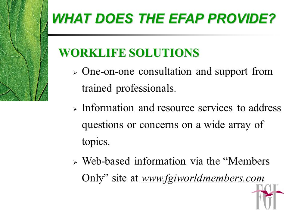 WORKLIFE SOLUTIONS  One-on-one consultation and support from trained professionals.