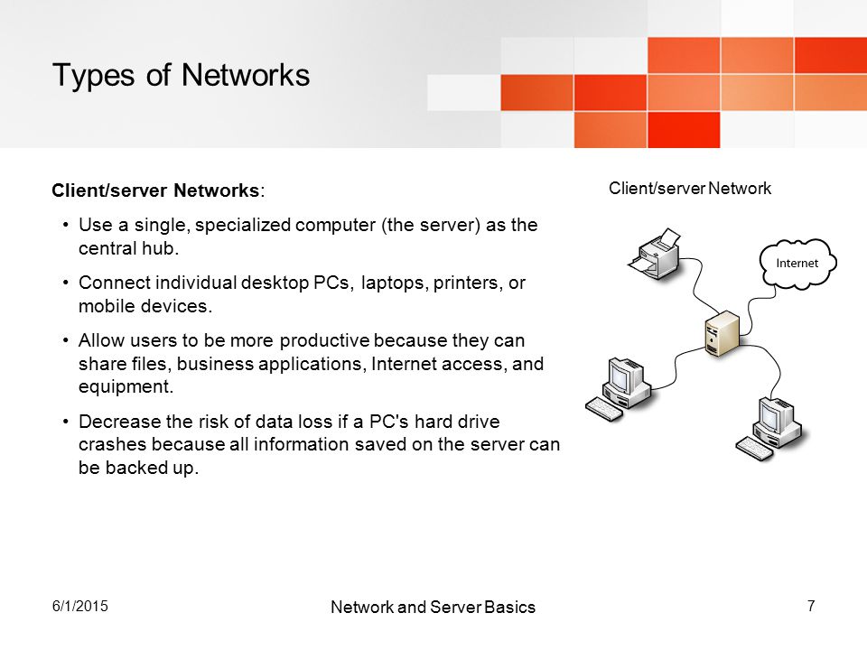 6/1/20157 Types of Networks Client/server Networks: Use a single, specialized computer (the server) as the central hub.
