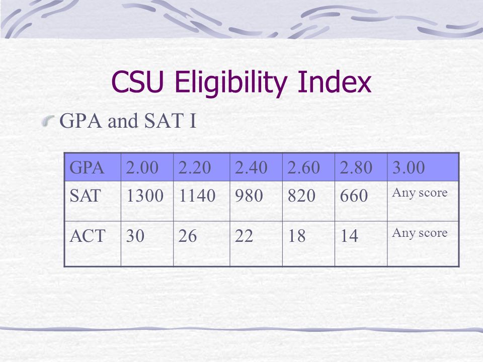 CSU Eligibility Index GPA and SAT I GPA SAT Any score ACT Any score