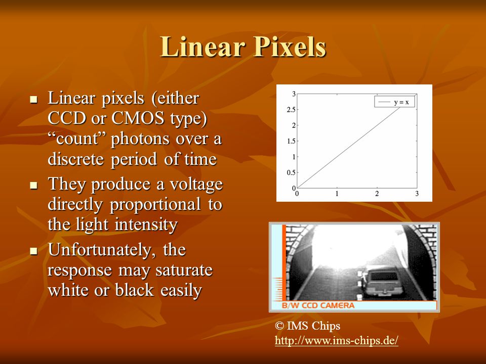 Linear Pixels Linear pixels (either CCD or CMOS type) count photons over a discrete period of time Linear pixels (either CCD or CMOS type) count photons over a discrete period of time They produce a voltage directly proportional to the light intensity They produce a voltage directly proportional to the light intensity Unfortunately, the response may saturate white or black easily Unfortunately, the response may saturate white or black easily © IMS Chips