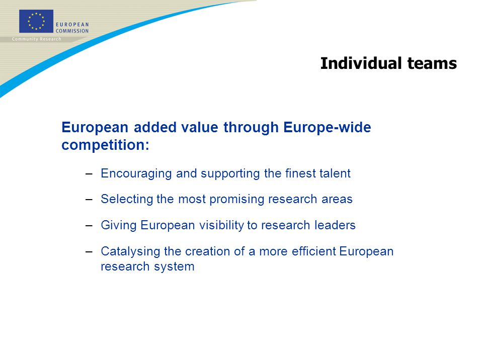 Individual teams European added value through Europe-wide competition: –Encouraging and supporting the finest talent –Selecting the most promising research areas –Giving European visibility to research leaders –Catalysing the creation of a more efficient European research system