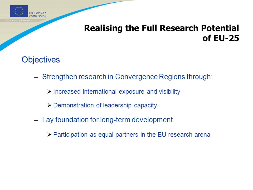 Realising the Full Research Potential of EU-25 Objectives –Strengthen research in Convergence Regions through:  Increased international exposure and visibility  Demonstration of leadership capacity –Lay foundation for long-term development  Participation as equal partners in the EU research arena