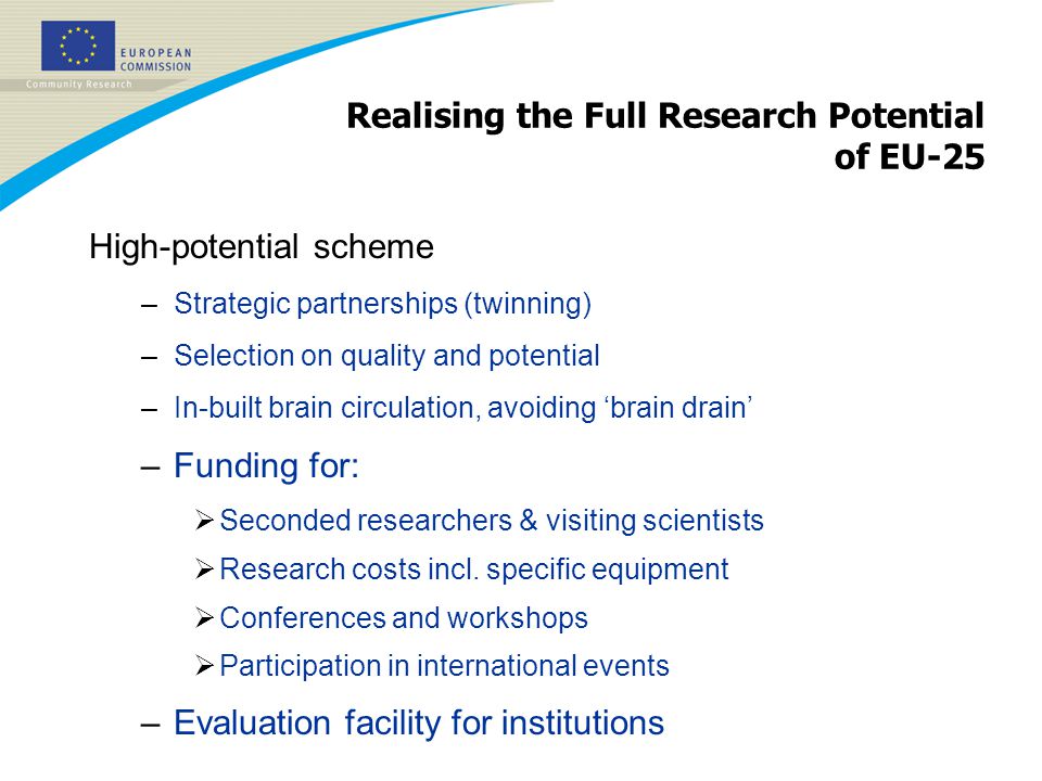 Realising the Full Research Potential of EU-25 High-potential scheme –Strategic partnerships (twinning) –Selection on quality and potential –In-built brain circulation, avoiding ‘brain drain’ –Funding for:  Seconded researchers & visiting scientists  Research costs incl.