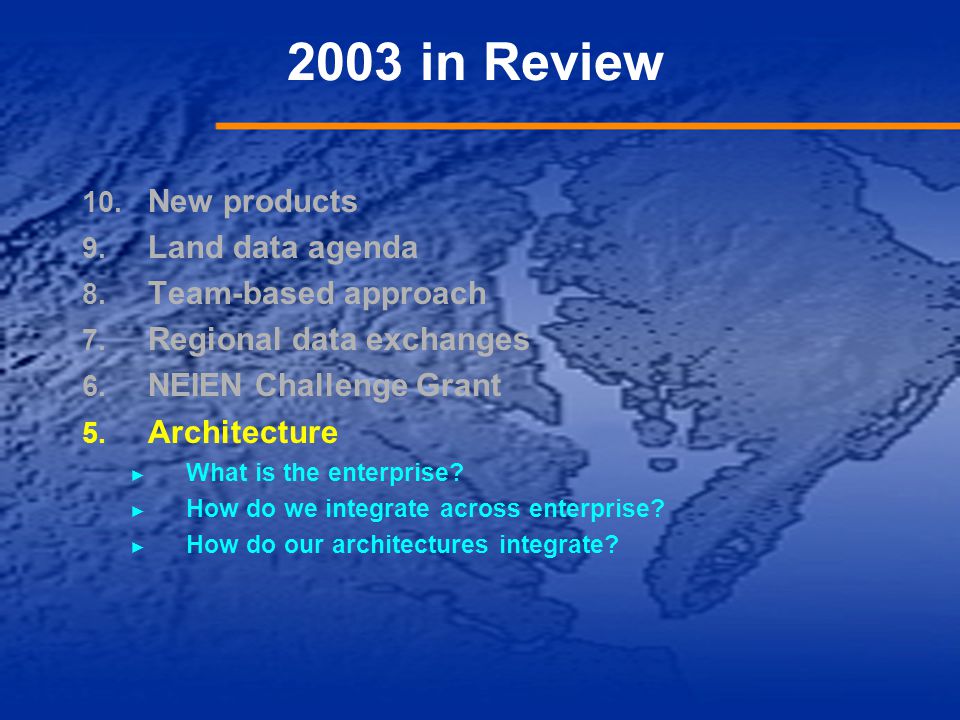 2003 in Review 10. New products 9. Land data agenda 8.