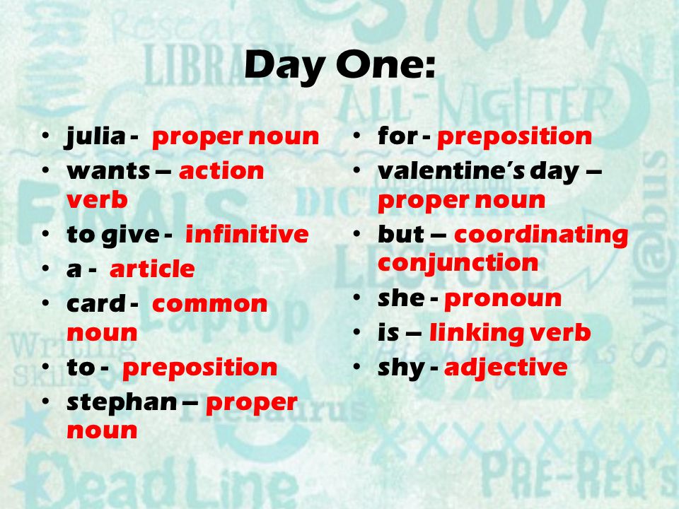 Day One: julia - proper noun wants – action verb to give - infinitive a - article card - common noun to - preposition stephan – proper noun for - preposition valentine’s day – proper noun but – coordinating conjunction she - pronoun is – linking verb shy - adjective