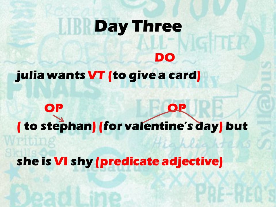 Day Three DO julia wants VT (to give a card) OP ( to stephan) (for valentine’s day) but she is VI shy (predicate adjective)
