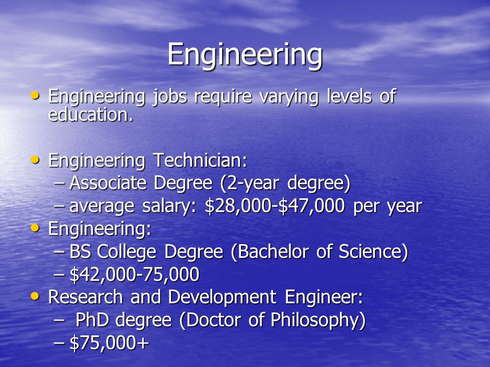 Engineering Engineering jobs require varying levels of education.