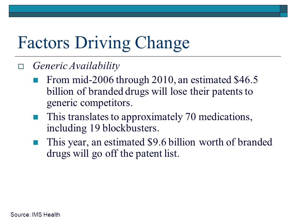 Factors Driving Change  Generic Availability From mid-2006 through 2010, an estimated $46.5 billion of branded drugs will lose their patents to generic competitors.