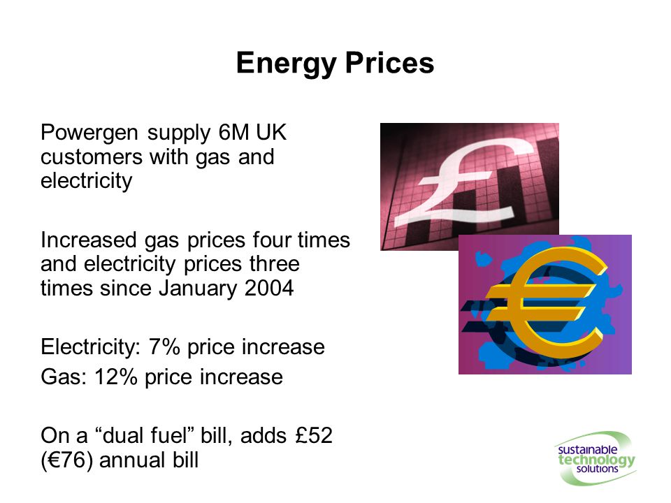 Energy Prices Powergen supply 6M UK customers with gas and electricity Increased gas prices four times and electricity prices three times since January 2004 Electricity: 7% price increase Gas: 12% price increase On a dual fuel bill, adds £52 (€76) annual bill